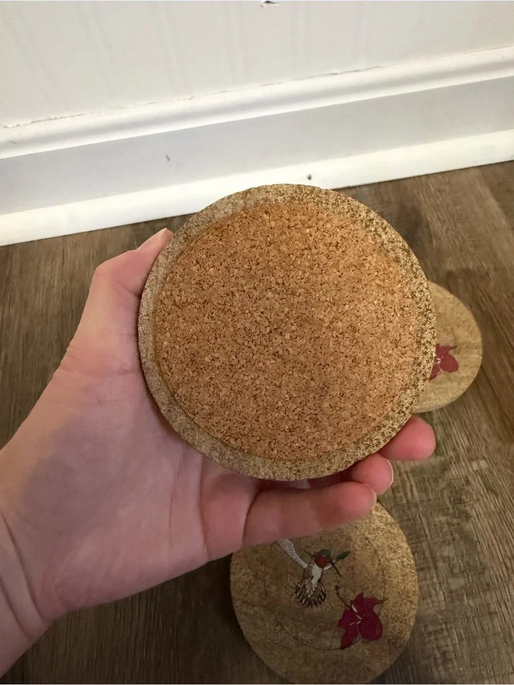Natural Cork Coaster Set with Hummingbird and Red Flower Accents